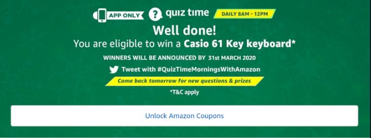 amazon Casio 61 Key Keyboard Quiz Answers Today - Date: 13th March 2020